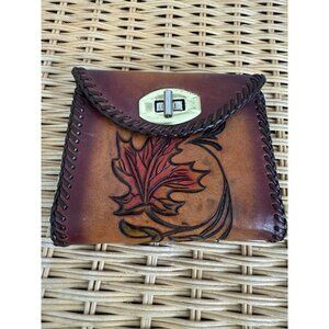 Vintage 70's Tooled Leather wallet Maple Leaf Western Boho